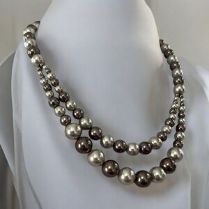 VTG RMN STAMPED FAUX PEARL BEADED DOUBLE STRAND NECKLACE CHAMPAGNE SIL METALLIC